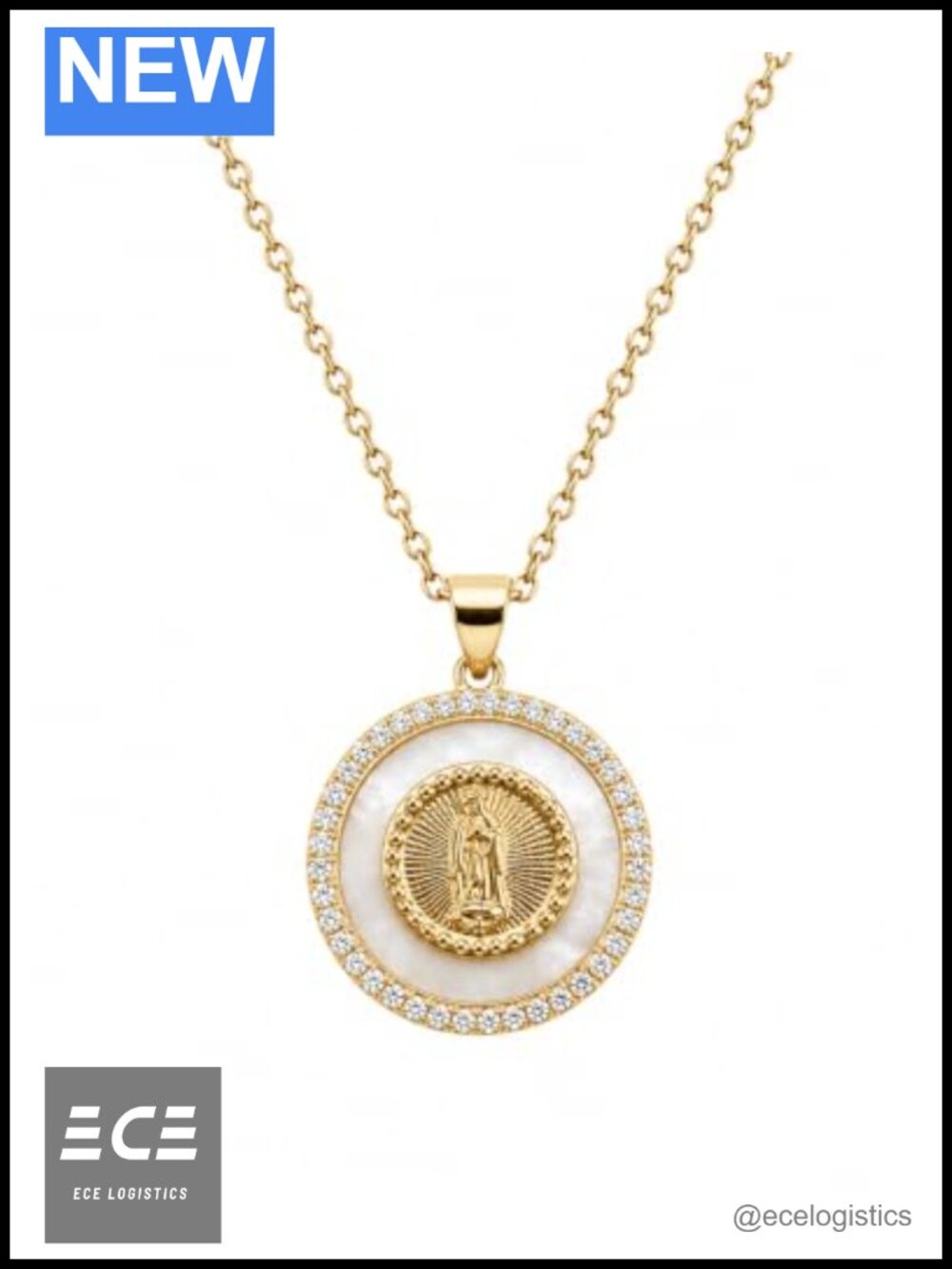 14k Gold Virgin Mary Pendant Necklace Cubic Zirconia Religious